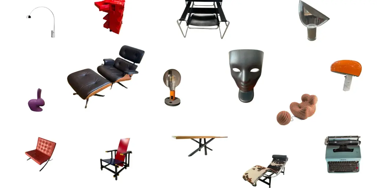 Collezione di iconici oggetti di design famosi: lampada arco, sedia Eames, maschera, poltrona, macchina da scrivere e altro ancora.