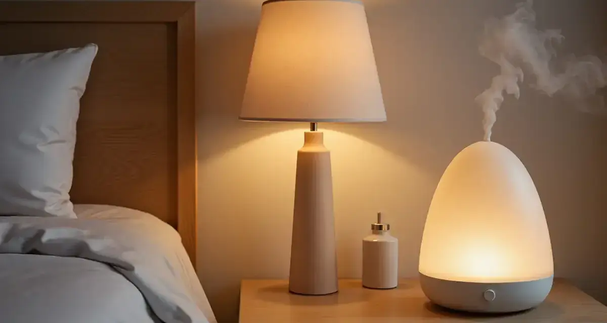 Mesita de noche con lámpara, difusor emitiendo vapor y un pequeño frasco. La humedad del 70% en la habitación crea un ambiente acogedor.