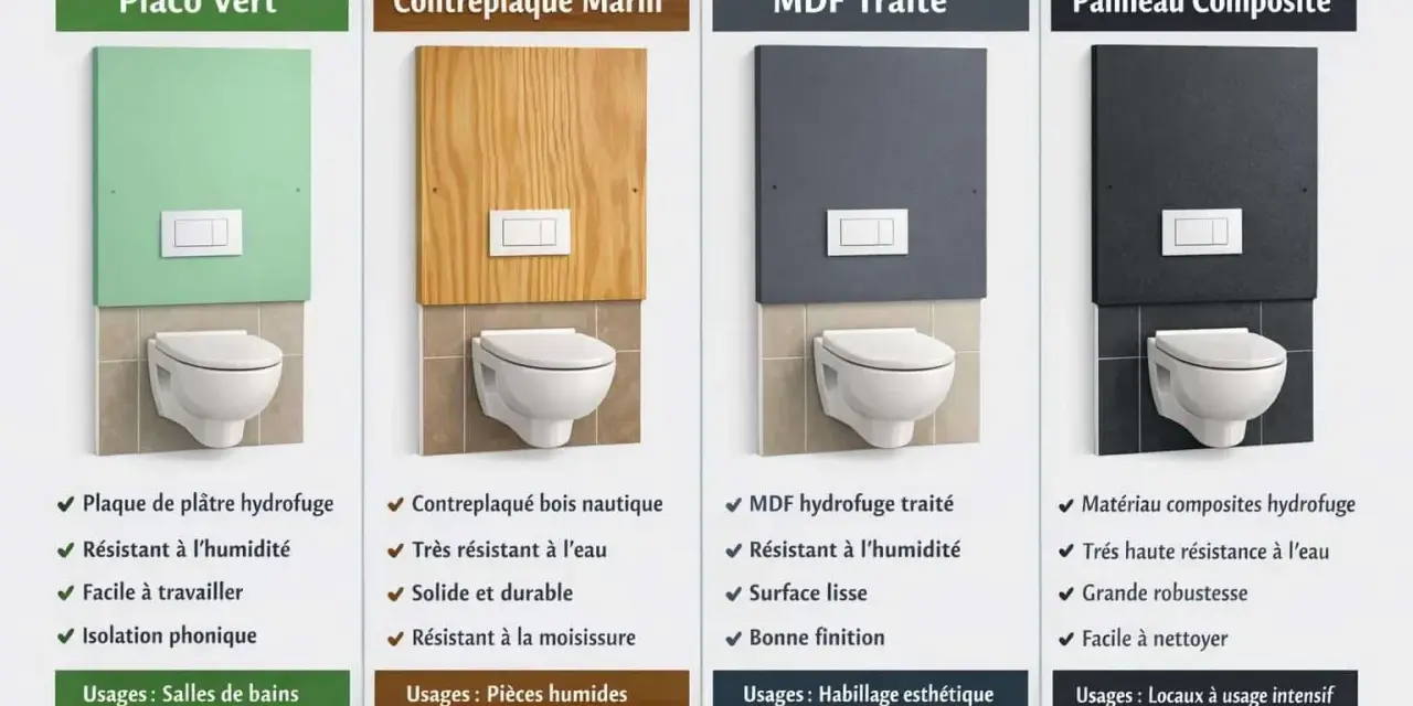 Comparaison de matériaux pour installer un WC suspendu : Placo Vert, Contreplaqué Marin, MDF Traité, Panneau Composite.