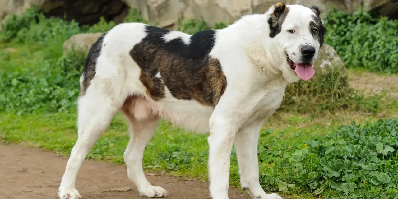 Duży, biało-brązowy alabai z językiem na wierzchu. Zastanawiasz się nad alabai cena?