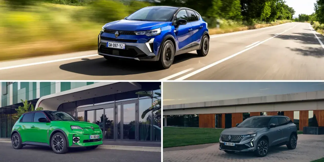Trzy różne **Renault modele**: niebieski SUV na drodze, zielony kompaktowy samochód przed budynkiem i szary SUV na podjeździe.