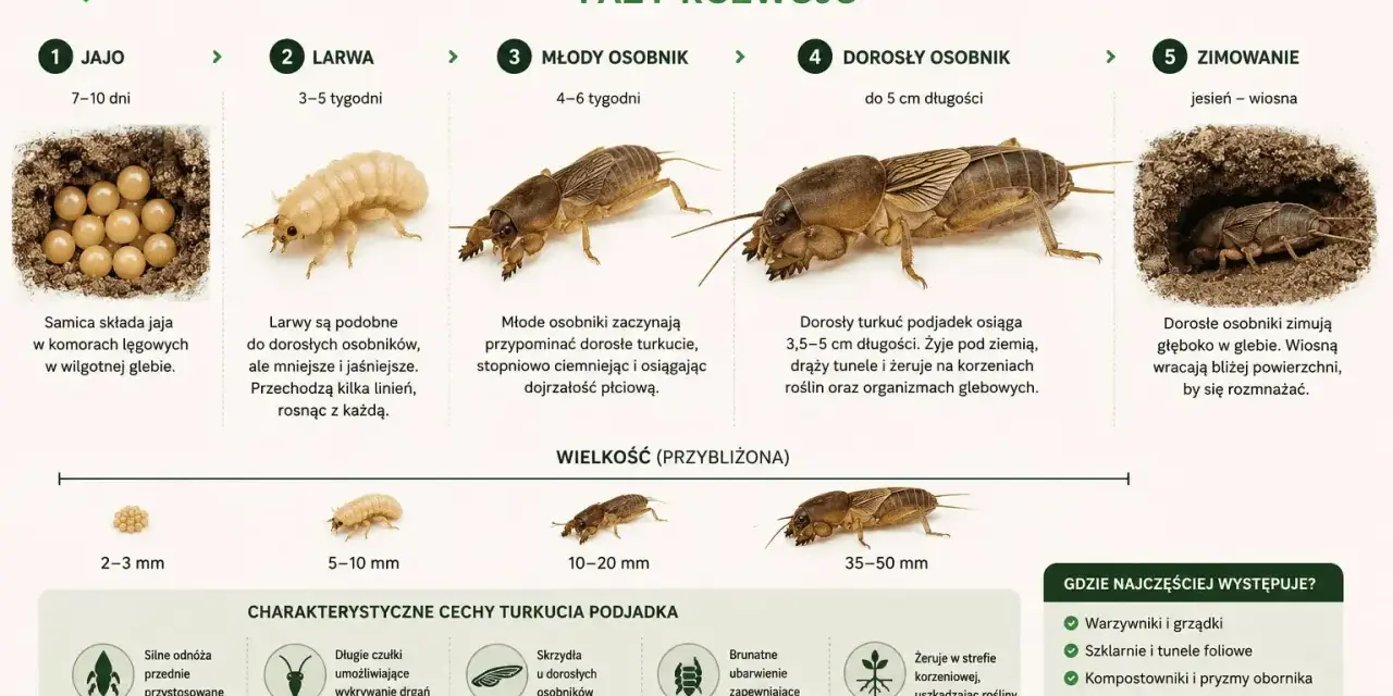 Turkuć podjadek: od jaja do dorosłego osobnika. Dorosły ma 3,5-5 cm, żyje pod ziemią, drąży tunele i żeruje na korzeniach.