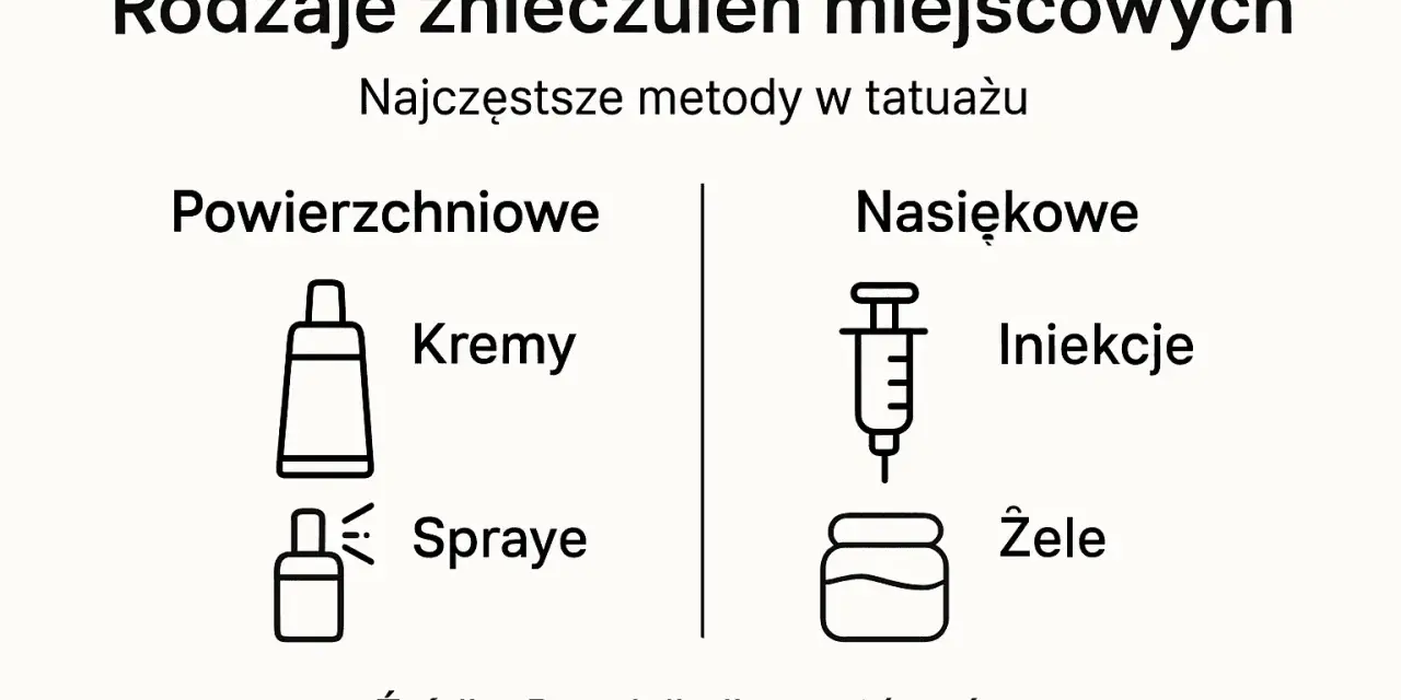 Rodzaje znieczuleń miejscowych w tatuażu: kremy, spraye (powierzchniowe) oraz iniekcje, żele (nasiękowe).