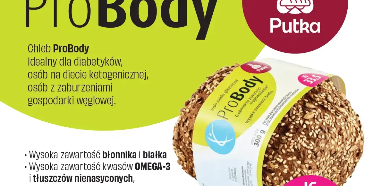 Chleb ProBody z niskim indeksem glikemicznym 33,5, bogaty w błonnik i białko, idealny dla diabetyków.