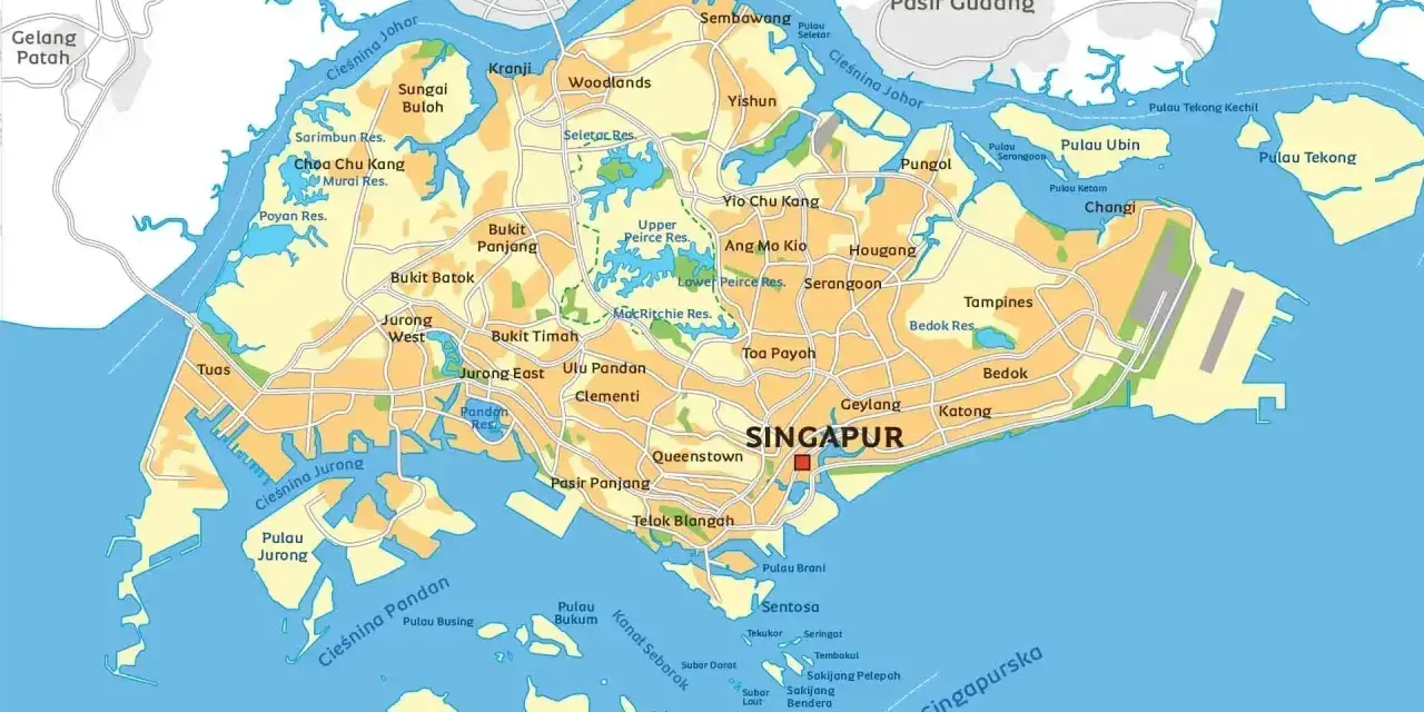 Mapa pokazuje, gdzie leży Singapur, otoczony przez Malezję i Indonezję, z licznymi wyspami i cieśninami.
