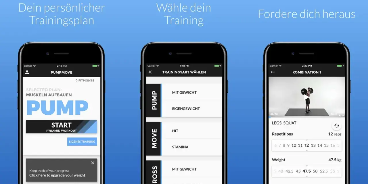 Fitness-App mit Trainingsplänen und Übungsauswahl. Für eine gute app store optimization sind solche Screenshots wichtig.