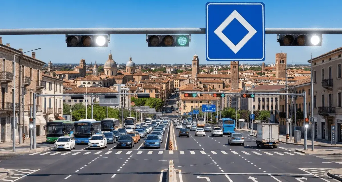 Traffico intenso in città con semaforo verde che indica via libera. Edifici storici sullo sfondo.