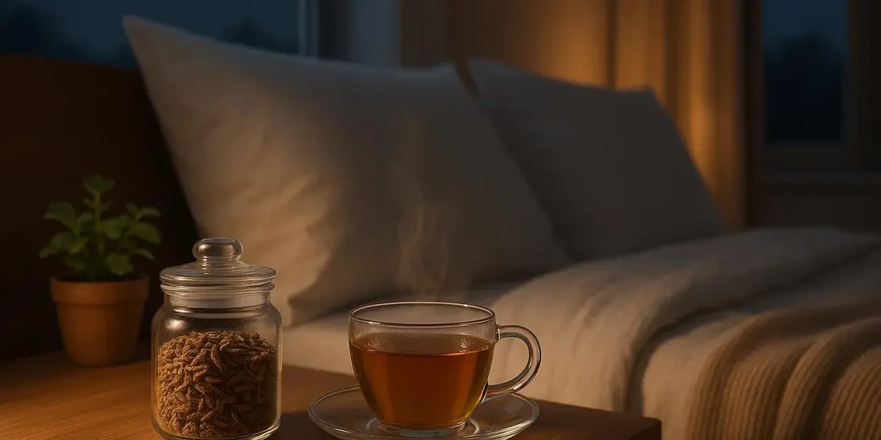 Une tasse de thé fumant et un pot de la valériane sur une table de chevet, près d'un lit douillet.