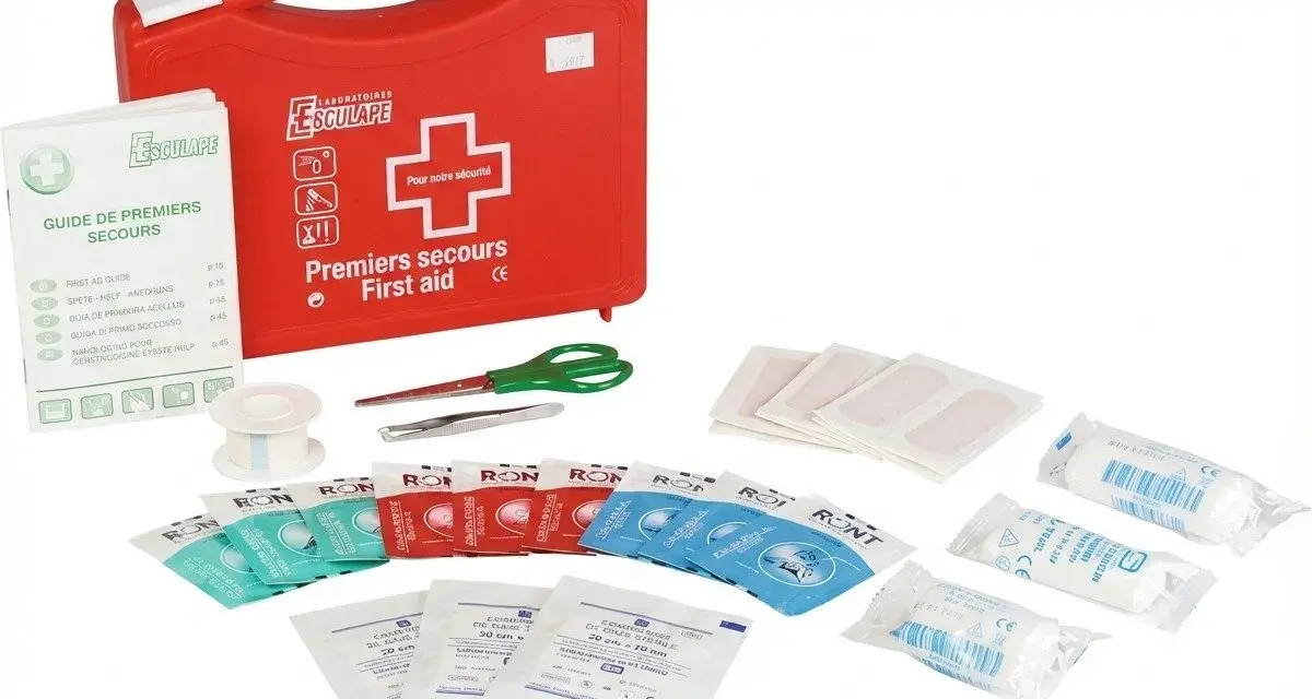 Trousse pharmacie bébé 2 ans : une trousse rouge de premiers secours avec pansements, compresses, ciseaux, pince à épiler et guide.