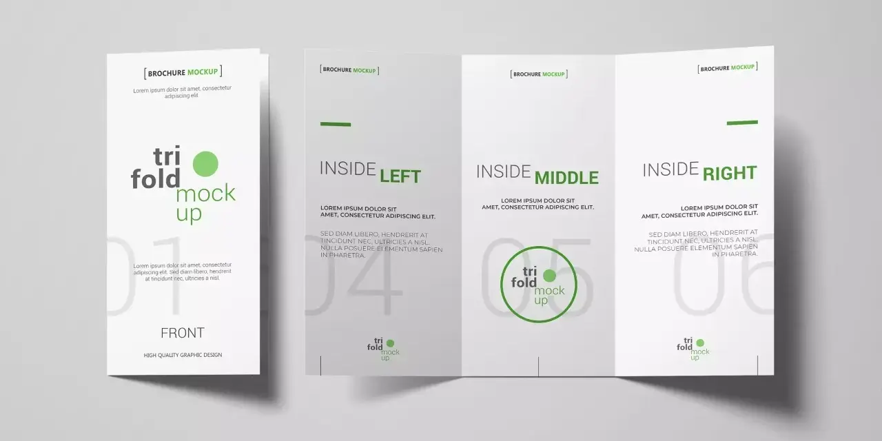 Mockup de un tríptico abierto, mostrando las secciones "Front", "Inside Left", "Inside Middle" e "Inside Right".