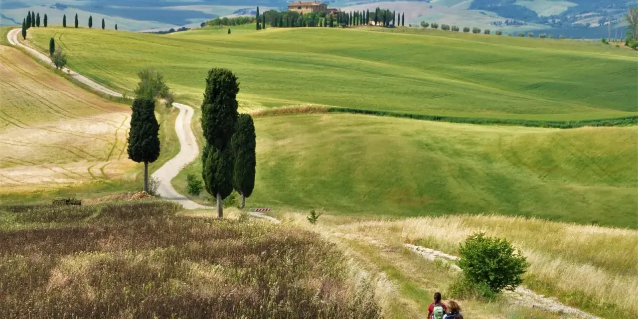 Un sentiero serpeggia tra dolci colline verdi nel Val d'Orcia provincia, con cipressi e una casa colonica in lontananza.