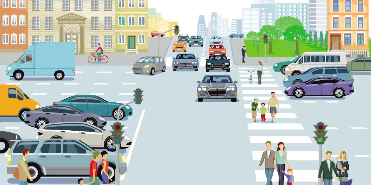 Traffico cittadino con auto, furgoni, ciclisti e pedoni che attraversano la strada. Un'opera d'arte che cattura la vita urbana.