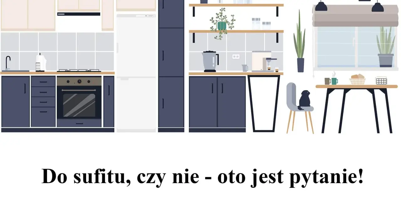 Nowoczesna kuchnia z ciemnogranatowymi i beżowymi szafkami. Zastanawiasz się nad wymiarami szafek kuchennych?