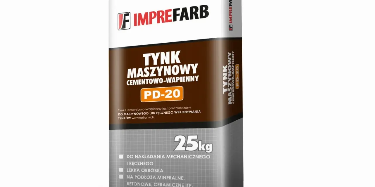 Worek z cementowo-wapiennym tynkiem maszynowym PD-20 marki IMPREFARB. Produkt do nakładania mechanicznego i ręcznego, na podłoża mineralne.