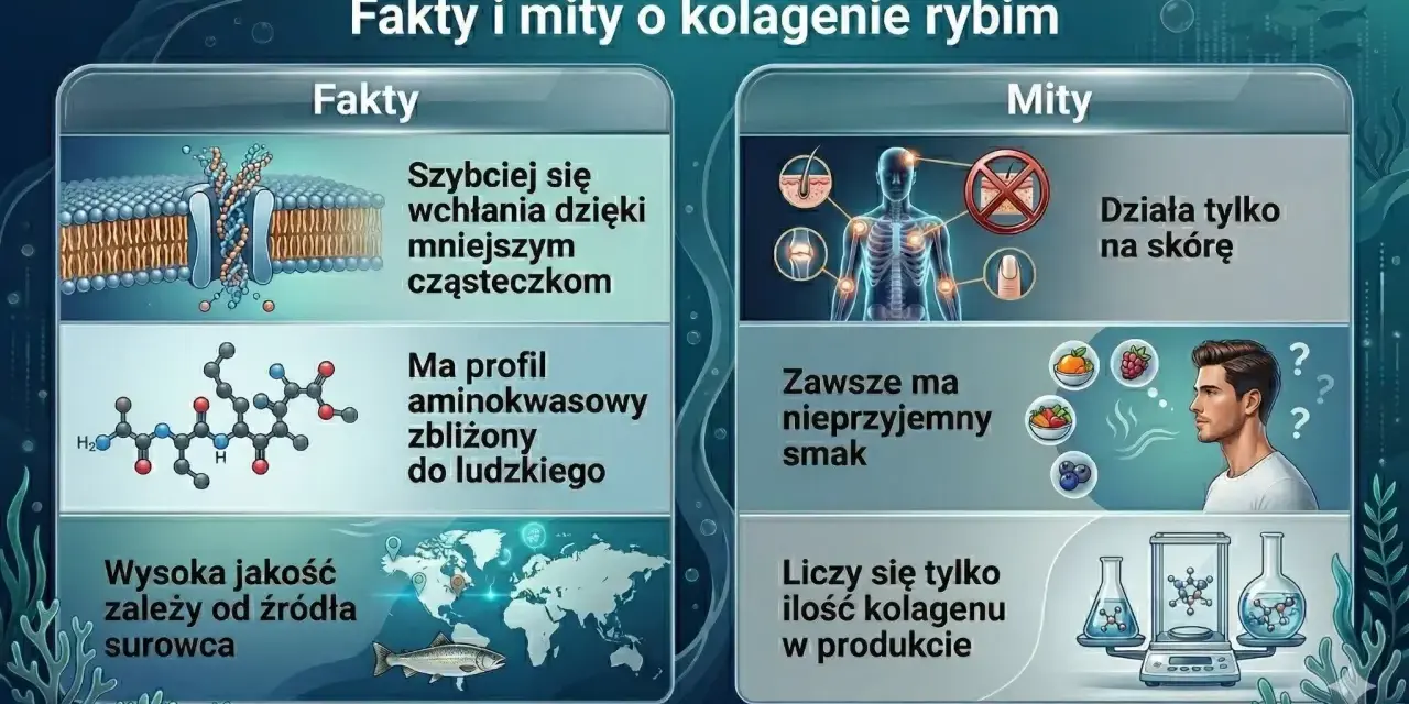 Fakty i mity o kolagenie rybim. Lekarze potwierdzają: szybkie wchłanianie, profil aminokwasowy zbliżony do ludzkiego, jakość zależy od źródła. Nie działa tylko na skórę, smak może być przyjemny, liczy się nie tylko ilość.