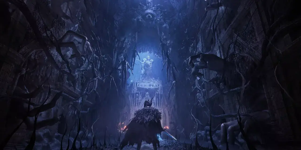 Un guerrero se enfrenta a una estatua en un pasaje oscuro y retorcido, lleno de manos y figuras fantasmales. Un vistazo a Lords of the Fallen, guía para la victoria.
