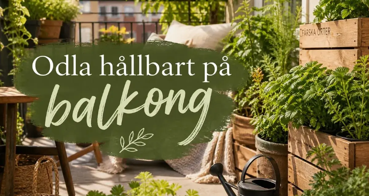 Grönskande balkong med örter och växter i träkorgar. En vattenkanna står redo. Odla hållbart på balkong, även när det blommar utan blommor.