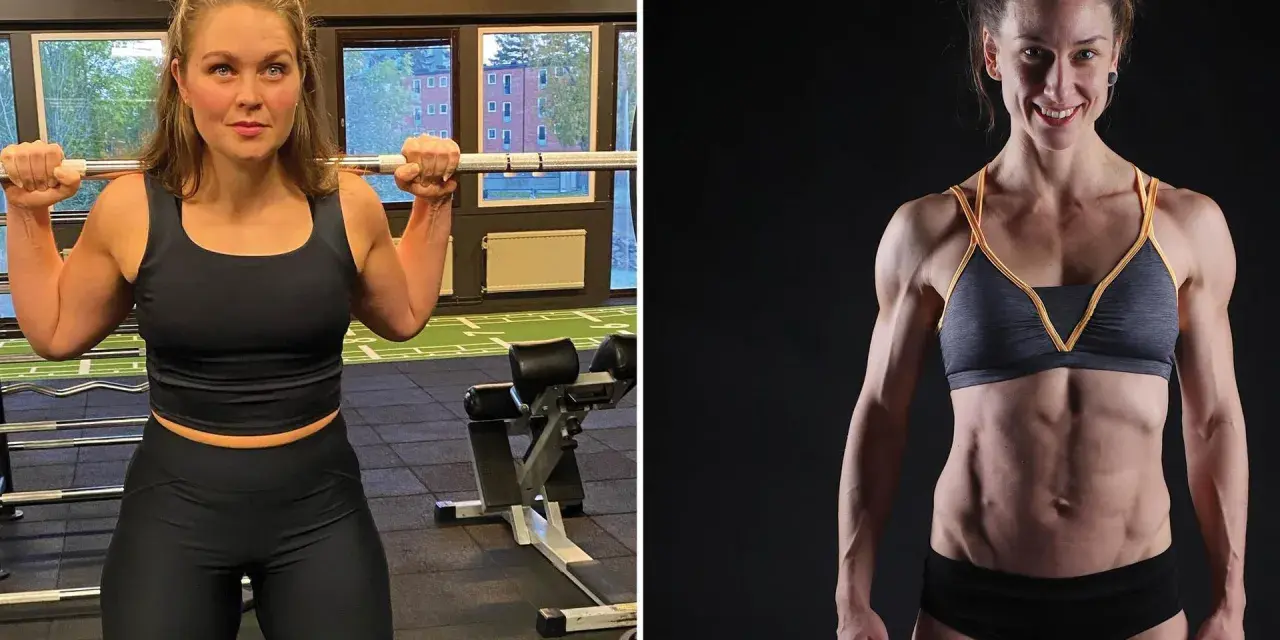 Två starka tjejer med muskler. En i gymmiljö med skivstång, den andra visar upp sin vältränade fysik.