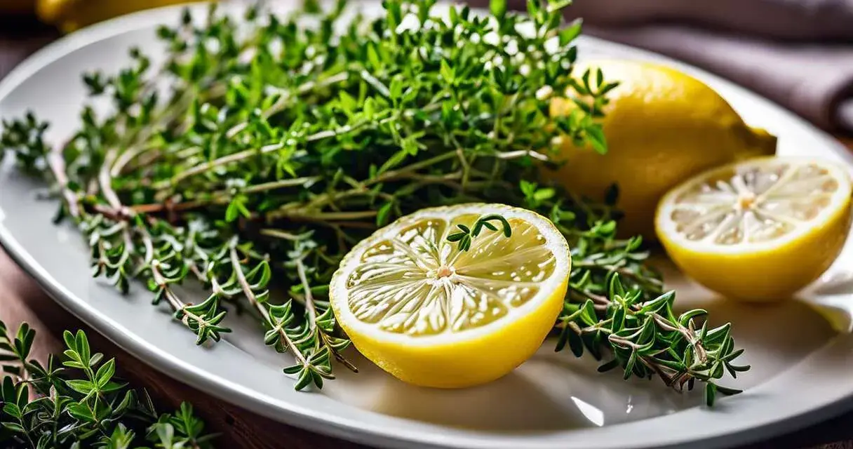 Un bouquet de thym frais et des citrons coupés en deux sur une assiette blanche, prêts pour une infusion thym citron réconfortante.
