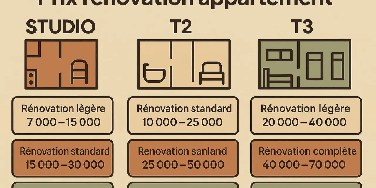 Tableau comparatif des prix de rénovation d'appartements (studio, T2, T3) selon le type de travaux : légère, standard, complète.