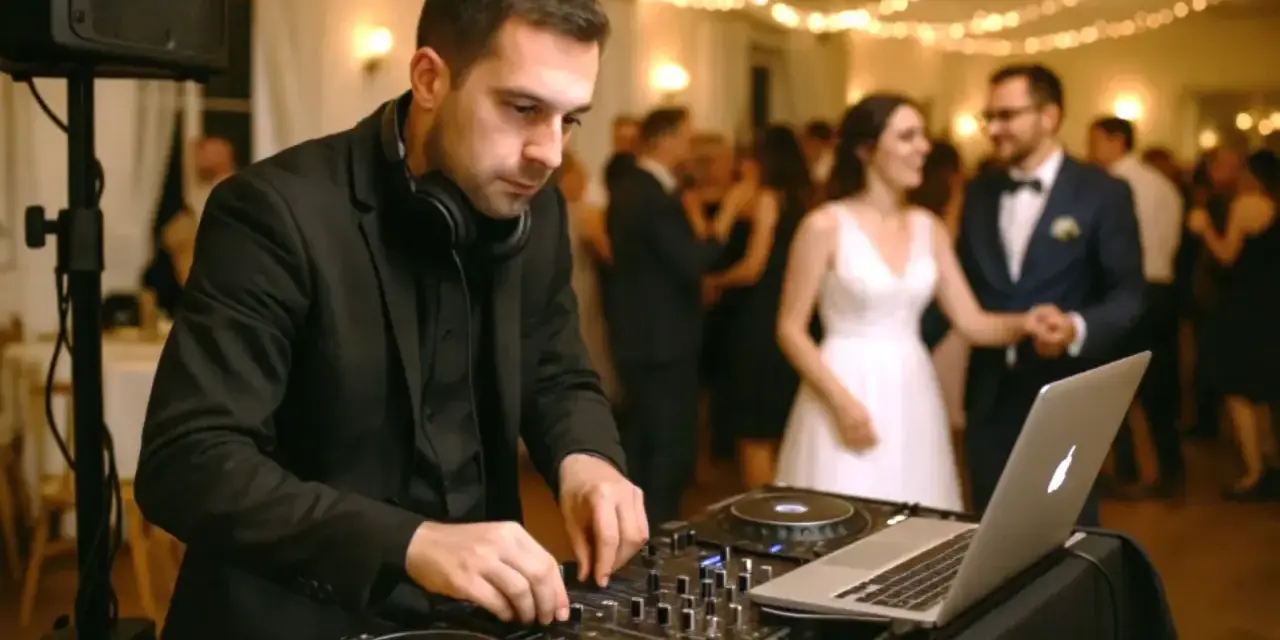 DJ na weselu tworzy atmosferę, podczas gdy para młoda tańczy. Zaiks wesele w pełni!