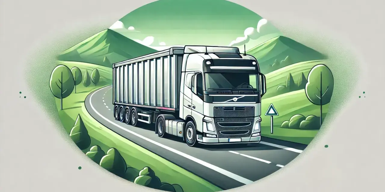 Biała ciężarówka z naczepą jedzie krętą drogą przez zielone wzgórza. To transport, który może przewieźć nawet odpady.