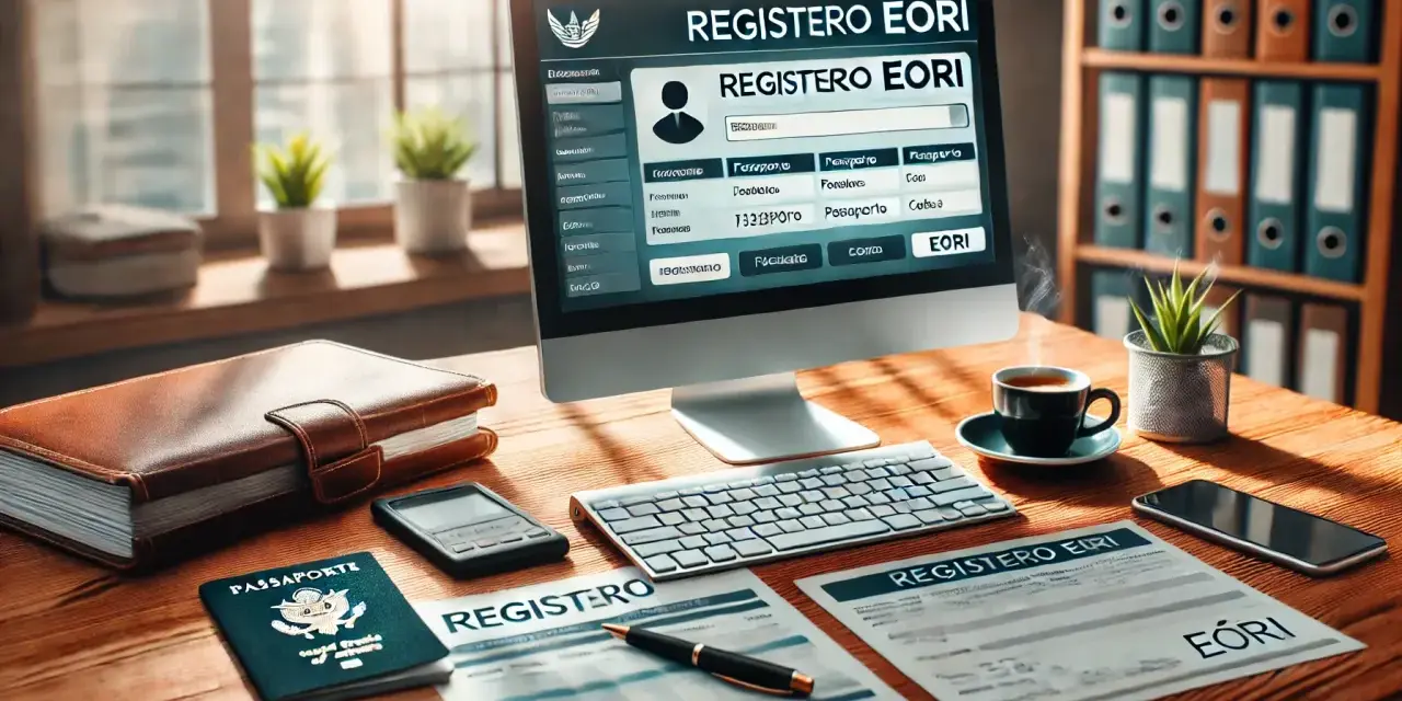 Escritorio con computadora mostrando "REGISTERO EORI", documentos, pasaporte y café. Proceso de validación eori en curso.