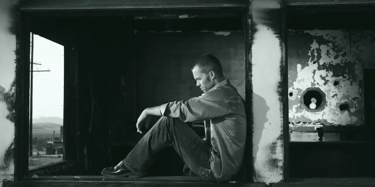 A man sits in a doorway, contemplating what the Bible says about complaining. The scene is stark and desolate, reflecting a mood of introspection.