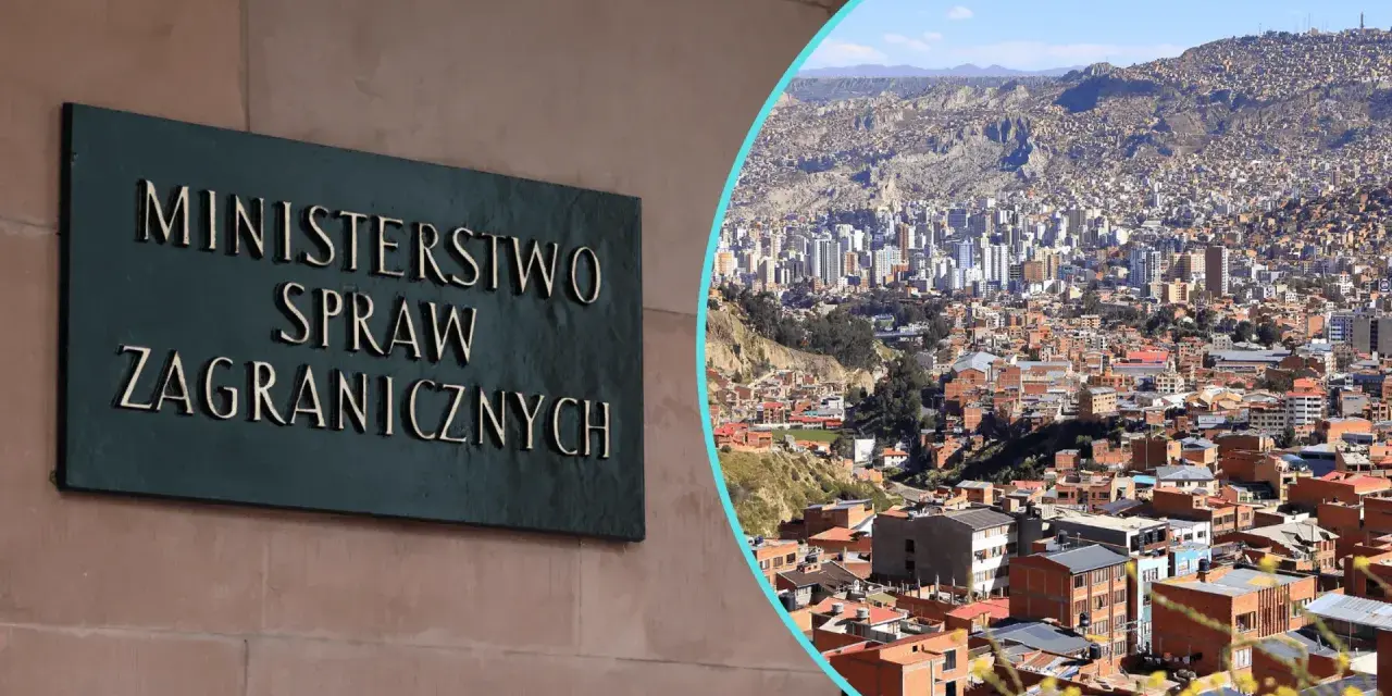 Tablica "Ministerstwo Spraw Zagranicznych" obok panoramy miasta, gdzie nie jechać.