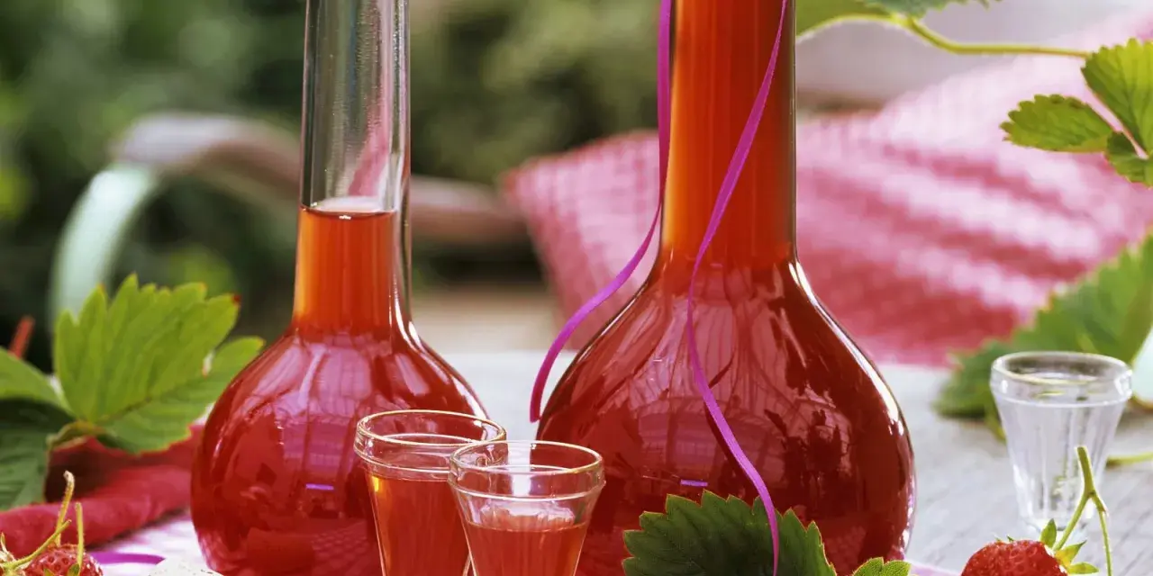 Zwei Flaschen mit rot-orangem Likör, umgeben von Erdbeeren und Blättern. Perfekt, um Erdbeerschnaps selber machen.