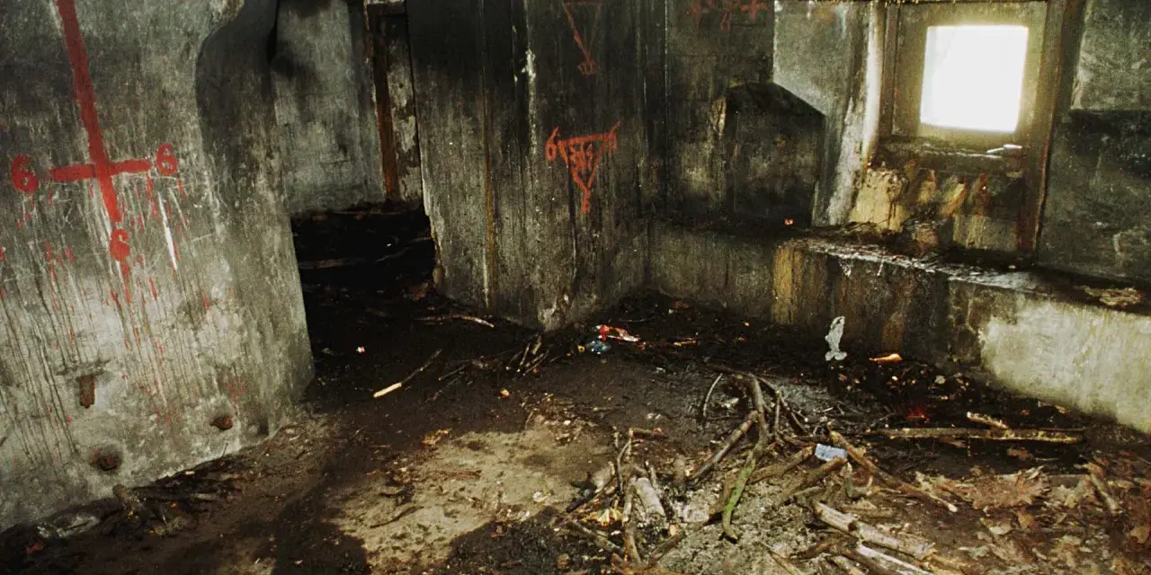 Wnętrze bunkra 44, ściany pokryte graffiti, na podłodze gruz i gałęzie.