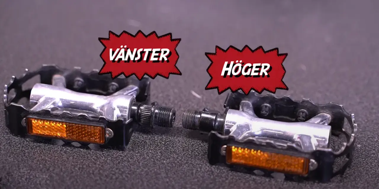 Två cykelpedaler, vänster och höger, redo att byta.