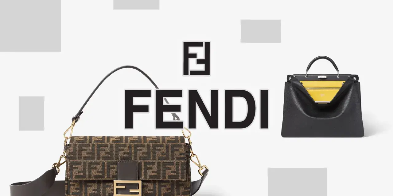 Iconico logo Fendi e due borse iconiche dell'azienda: una baguette marrone con monogramma FF e una borsa nera con interno giallo.