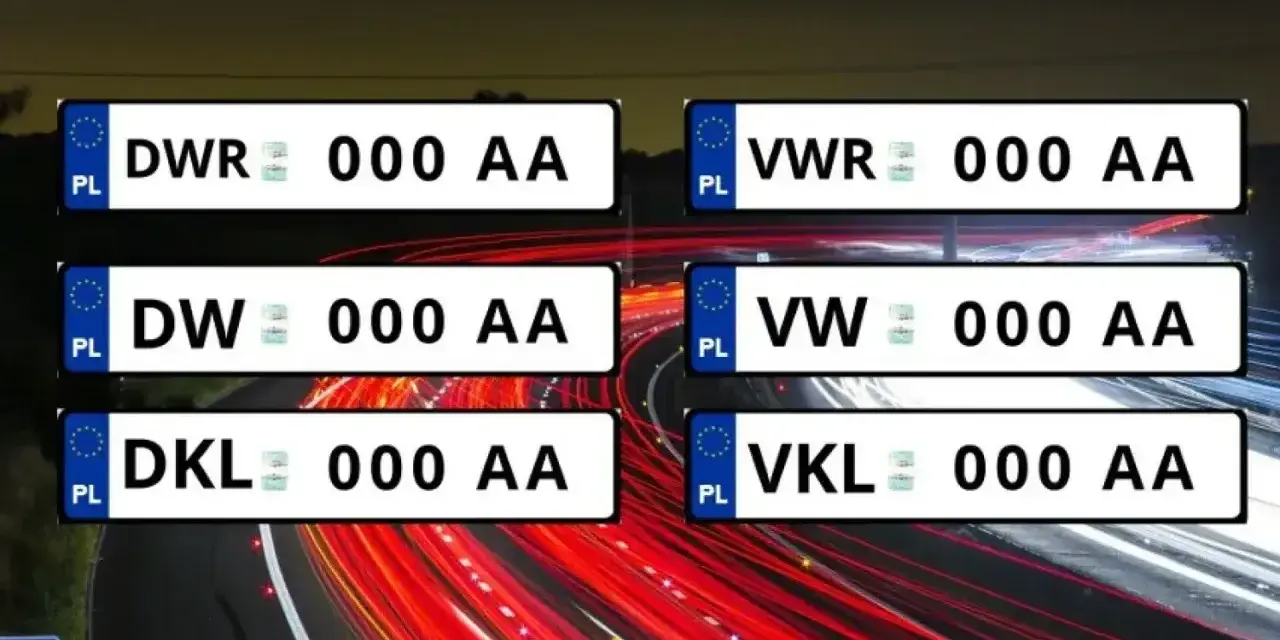 Przykładowe tablice rejestracyjne z literami DWR, DW, DKL, VWR, VW, VKL.