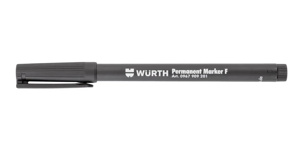 En svart Würth permanent tuschpenna med texten "Permanent Marker F" och artikelnummer.