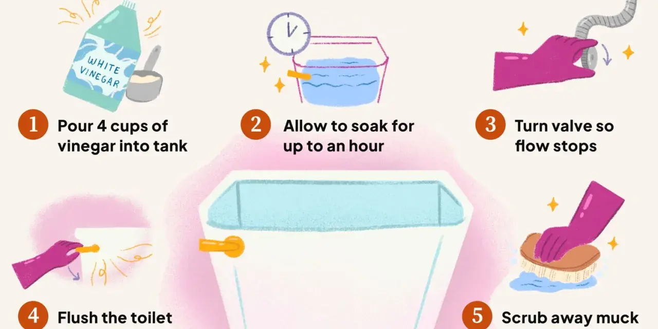 Steps to clean toilet tank: pour vinegar, soak, turn off water, flush, scrub with disinfectant.