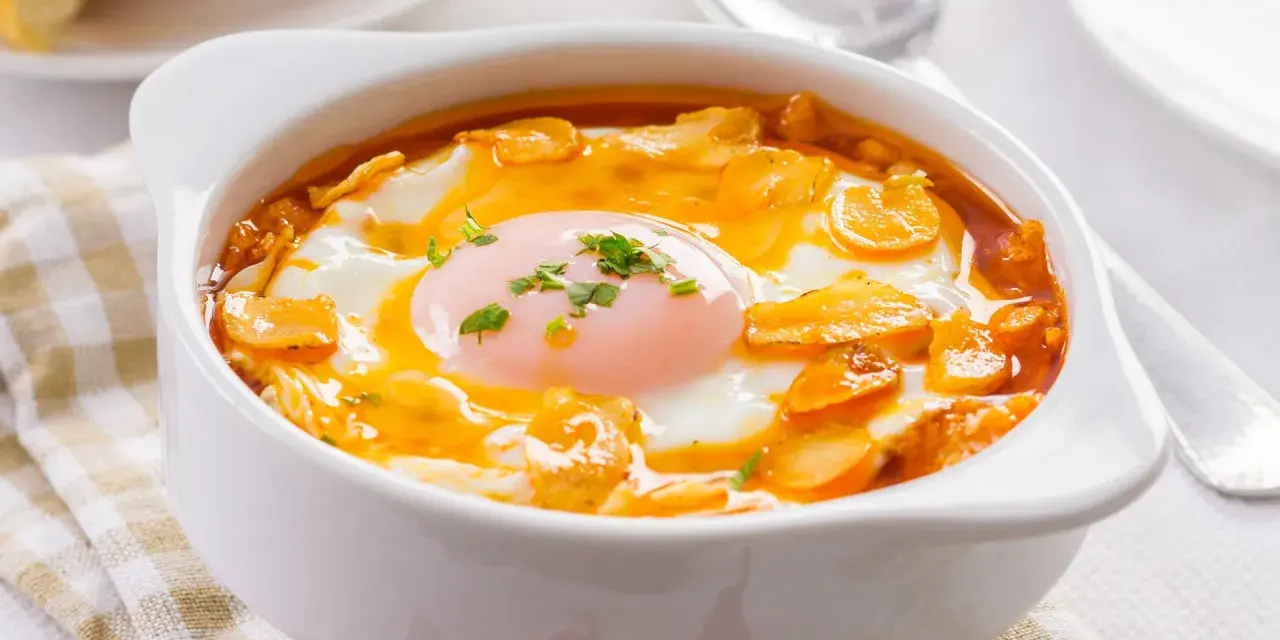 Sopa castellana en cuenco blanco con huevo escalfado y picatostes.