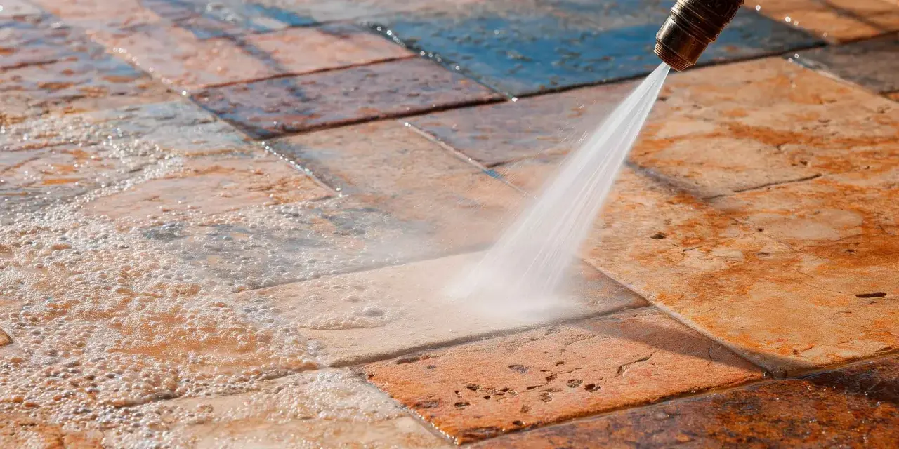 Nettoyage de pierres noircies par l'humidité avec un nettoyeur haute pression. L'eau déloge la saleté et redonne leur éclat aux pavés.