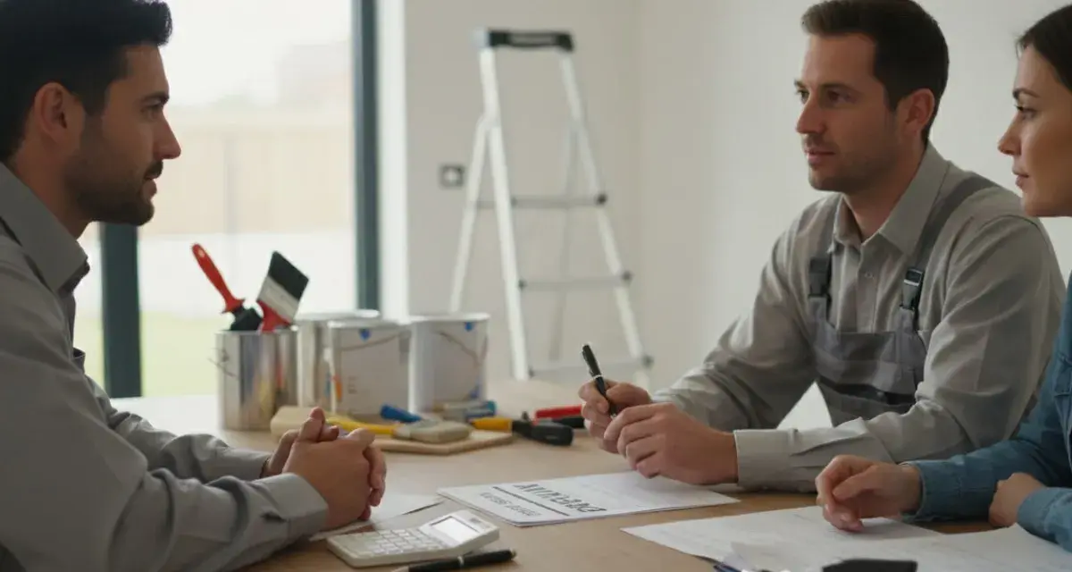 Un entrepreneur discute avec un couple des termes de la loi sur les acomptes pour travaux. Des pots de peinture et des pinceaux sont visibles.