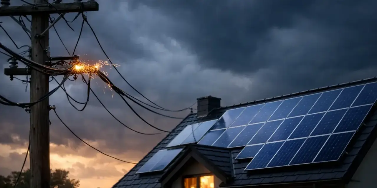 Fotowoltaika na dachu domu, a obok iskrzące przewody na słupie. Czy to zapowiedź awarii prądu, czy niezawodność zielonej energii?