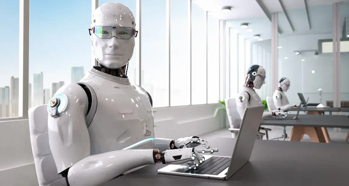 Roboty pracują w biurze, sugerując, jakie zawody zastąpi sztuczna inteligencja.