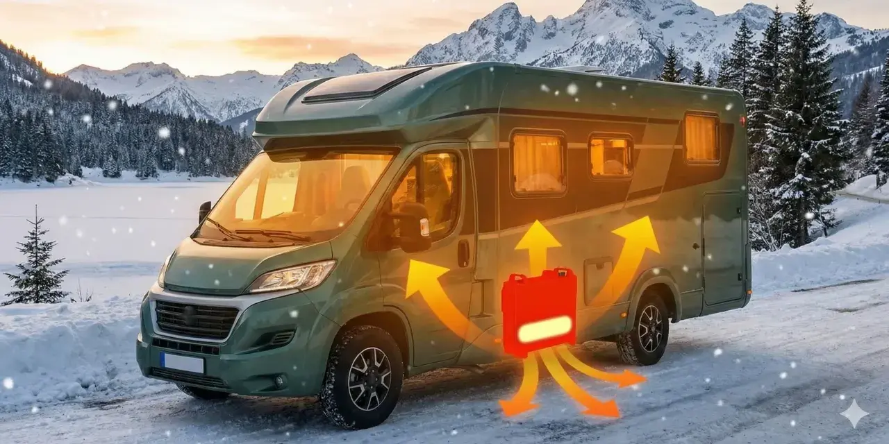 En husbil i snölandskap med värme som strålar ut från en värmekälla. Perfekt för husbilens dag i kylan.