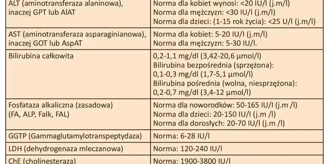 Tabela z normami badań wątrobowych: ALT, AST, bilirubina, GGTP, LDH, ChE, HBs, HCV. Co to za badanie?
