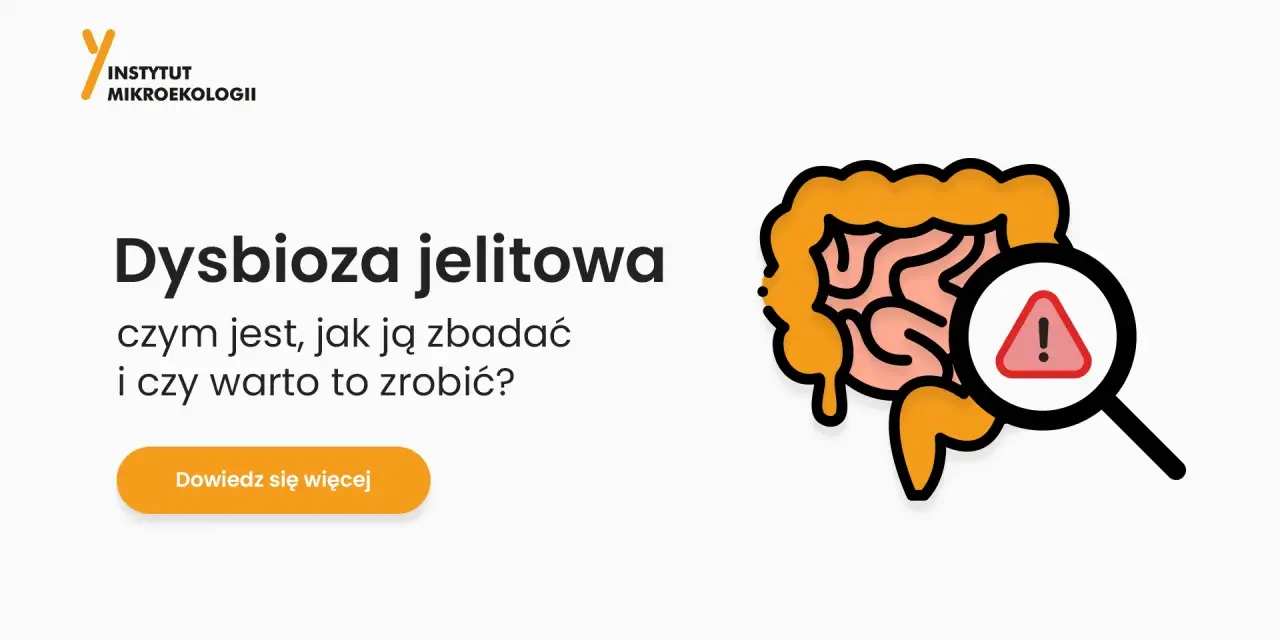 Grafika przedstawia jelita pod lupą z symbolem ostrzeżenia, sugerując problem dysbiozy jelitowej.