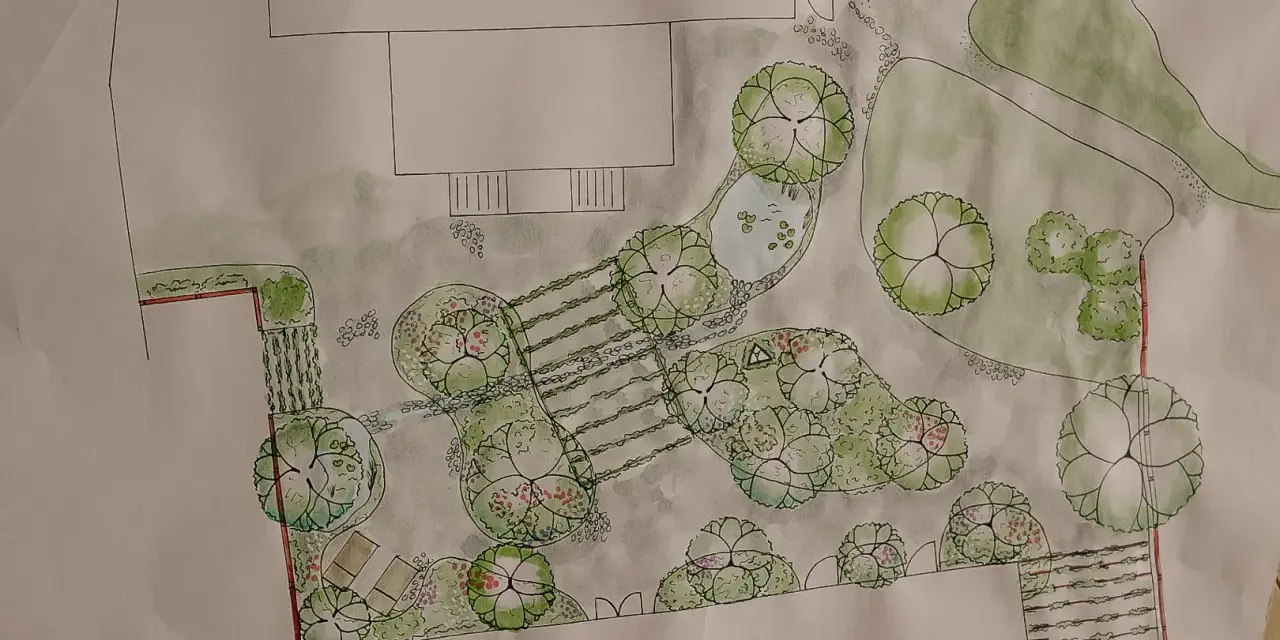 Trädgårdsdesign i akvarell visar hur ritar man en vacker oas med damm, gångar och planteringar.
