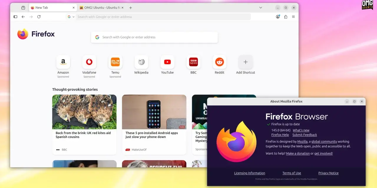 Okno przeglądarki Firefox ESR z informacją o aktualnej wersji. Widoczne zakładki, ikony ulubionych stron i artykuły.