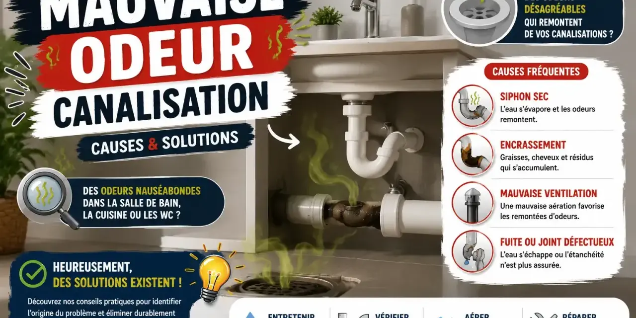 Image illustrant les causes et solutions des mauvaises odeurs de canalisation, avec des conseils pour y remédier.