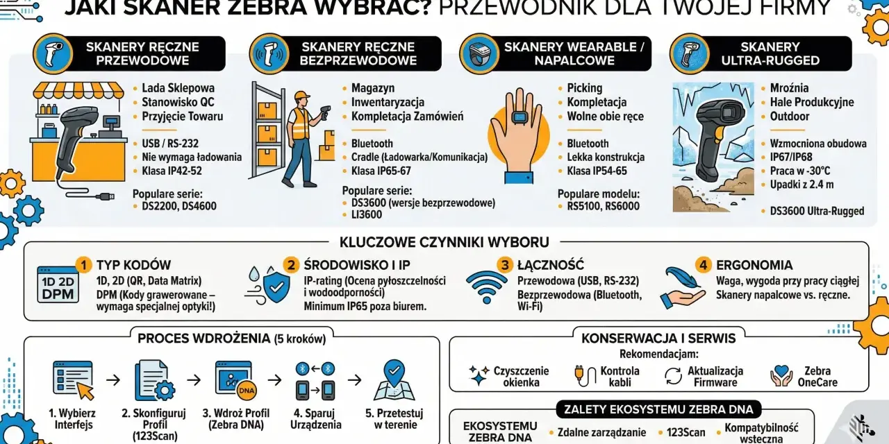 Przewodnik po rodzajach skanerów Zebra: ręczne przewodowe, bezprzewodowe, napalcowe i ultra-rugged. Wybierz najlepszy dla swojej firmy.
