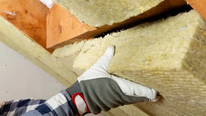 Ręka w rękawicy dociska wełnę mineralną do drewnianej konstrukcji dachu. To świetny materiał izolacyjny.
