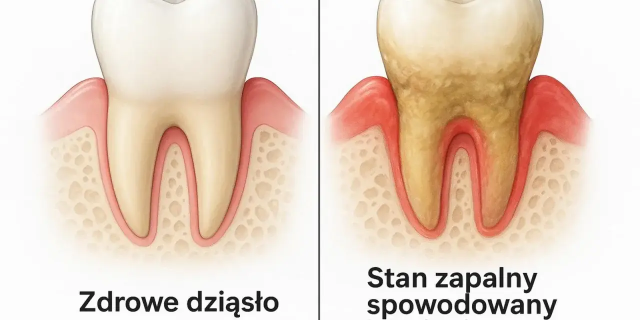 Porównanie zdrowego zęba z zębem zaatakowanym przez kamień nazębny, który powoduje stan zapalny. Co rozpuszcza kamień nazębny?